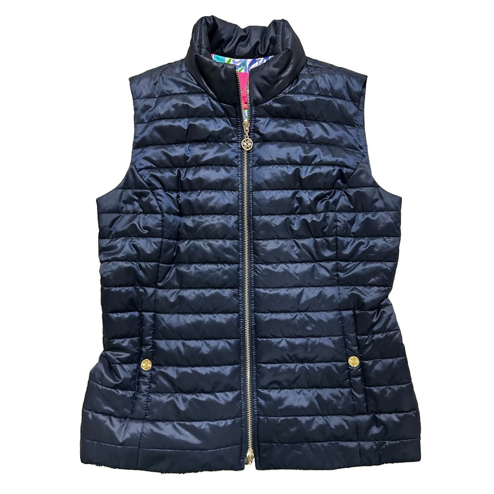 Lilly Pulitzer Women's S Cora Quilted Puffer Vest Gold Hardware Zip Up/Down
